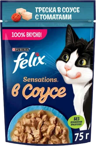 Yetkin pişiklər üçün yem Sensation dəniz baliğı ilə tomat sousunda